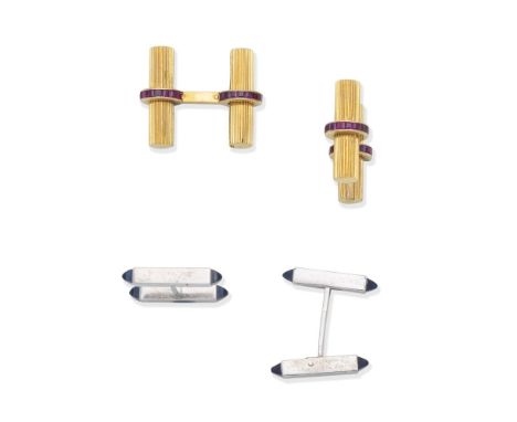 RUBY-SET CUFFLINKS; CARTIER: SAPPHIRE CUFFLINKS1st: Double-sided, each reeded batton set with a row of square-cut rubies, 2nd