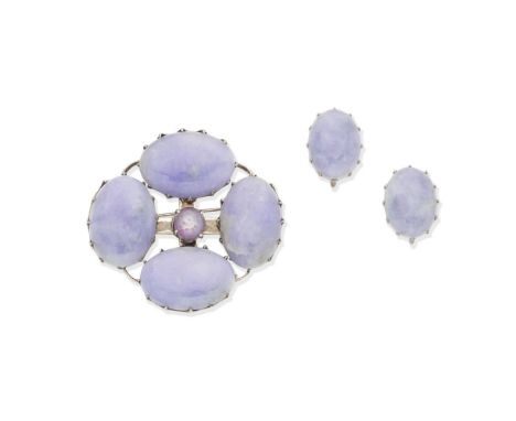 ARTS &amp; CRAFTS LAVENDER JADE AND STAR RUBY BROOCH AND EARRINGS, CIRCA 19301st: The brooch centrally set with a cabochon st