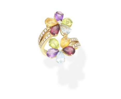 GEM-SET AND DIAMOND DRESS RINGDesigned as two opposing flowerheads set with pear-shaped aquamarine, garnet, peridot, citrine 