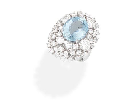 AQUAMARINE AND DIAMOND DRESS RINGThe oval-cut aquamarine, within a brilliant-cut diamond surround, diamonds approx. 2.15cts t