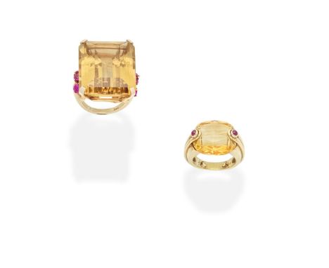 ANTONINI: CITRINE AND RUBY RING; CITRINE AND RUBY RING1st: Set with a fancy cut citrine accented by two cabochon rubies, 2nd: