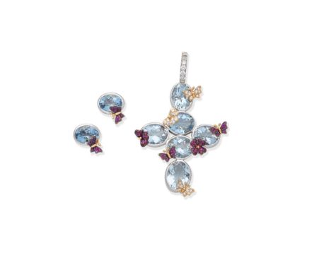 GEM-SET PENDANT AND EARSTUD SUITEThe pendant of cruciform design, set with oval-cut aquamarines, decorated with ruby and diam