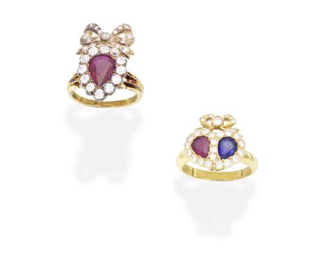 TWO GEM-SET RINGS1st: The centrally set pear-shaped ruby, within an old brilliant-cut diamond surround, beneath a bow set wit