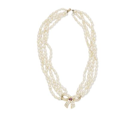 VAN CLEEF AND ARPELS: RUBY AND DIAMOND BOW PENDANT AND CULTURED PEARL NECKLACEThe bow pendant set with a marquise-cut ruby an