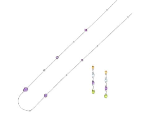 AMETHYST AND DIAMOND LONCHAIN NECKLACE; MULTI GEM-SET PENDENT EARRINGS1st: The necklace set with vari-cut amethyst and rose-c