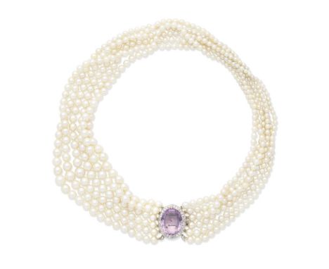 CULTURED PEARL NECKLACE WITH AMETHYST AND DIAMOND CLASPThe six strands of 3.0-8.0mm cultured pearls, on a clasp set with an o