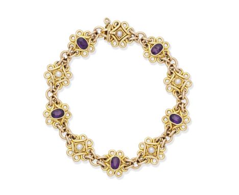 AMETHYST AND SEED PEARL BRACELET, CIRCA 1900Each panel of scrolling design set with alternating oval-cut amethysts and seed p