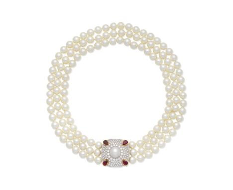 CULTURED PEARL NECKLACE WITH GEM-SET CLASP, 2000The three-strands of 8.5mm cultured pearls, with a mabé pearl, brilliant-cut 