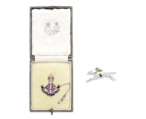 TWO GEM-SET AND ENAMEL BROOCHES1st: The Indian Civil Service brooch with central monogram set with calibré-cut rubies, sapphi