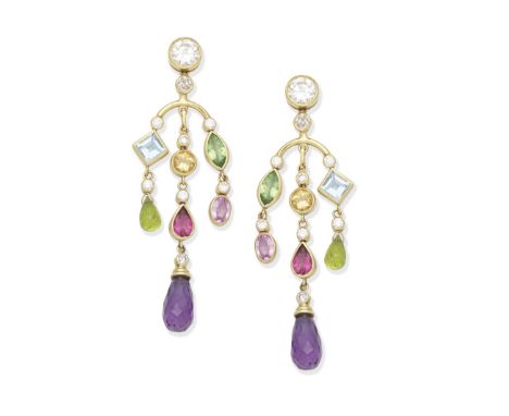 DIAMOND AND GEM-SET EARRINGSEach of chandelier design set with old brilliant-cut diamonds and vari-cut gemstones including am