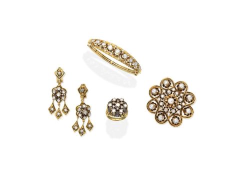 DIAMOND-SET BROOCH/PENDANT, EARCLIPS, BANGLE AND RING SUITEThe openwork brooch set throughout with rose-cut diamonds and deco