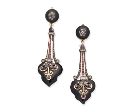 ONYX AND RUBY PENDENT EARRINGSEach set with onyx, vari-cut rubies and single and rose-cut diamonds, with chased decoration to