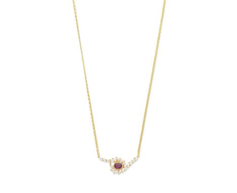 RUBY AND DIAMOND NECKLACEThe oval-cut ruby within a marquise-cut diamond set swirl, diamonds approx. 1.30cts total, length 39