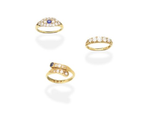 THREE GEM-SET RINGS, CIRCA 18901st: Set with a row of graduated cushion-shaped diamonds, 2nd: The cushion-shaped sapphire wit