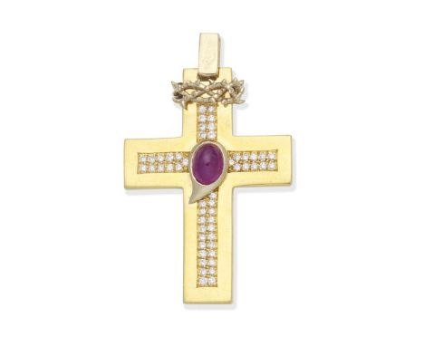RUBY AND DIAMOND CROSS PENDANTSet with an oval cabochon ruby and brilliant-cut diamonds, French assay mark, length 4.9cmFor f