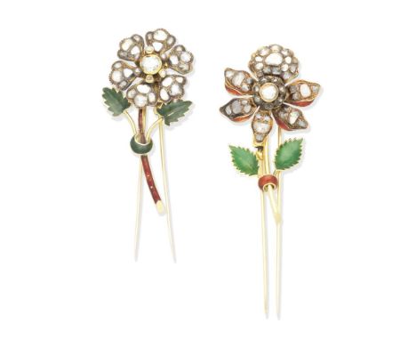 PAIR OF DIAMOND AND ENAMEL FLORAL PINSEach designed as a flower, set with rose-cut diamonds and decorated with green and red 