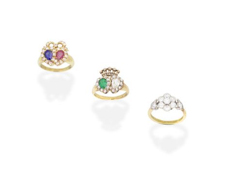 THREE GEM-SET RINGS, LATE 19TH CENTURY - EARLY 20TH CENTURY1st: Set with a pear-shaped ruby and sapphire, within a rose-cut d