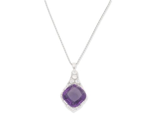 AMETHYST AND DIAMOND PENDANT/NECKLACEThe cushion-shaped amethyst within an openwork frame set with cushion and rose-cut diamo