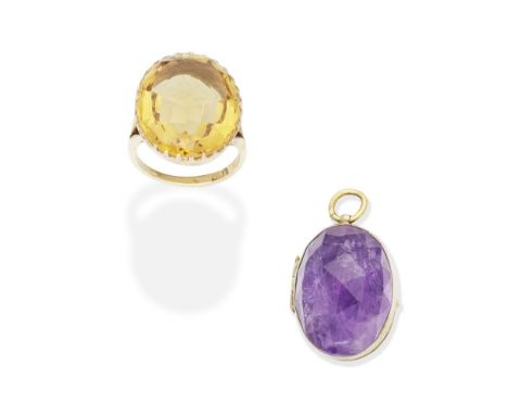 CITRINE RING; AMETHYST PENDANT LOCKET1st: The ring set with an oval-cut citrine, 2nd: Each side of the pendant locket set wit