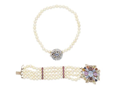 CULTURED PEARL BRACELET AND NECKLACE WITH SYNTHETIC GEM AND GEM-SET CLASPS1st: The four strands of 8.0mm cultured pearls with