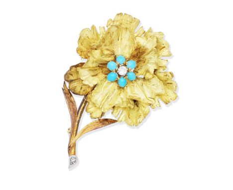 MICHAEL GOSSCHALK: TURQUOISE AND DIAMOND-SET FLOWER BROOCH, 1960The textured flower, with stamen set with oval turquoise cabo