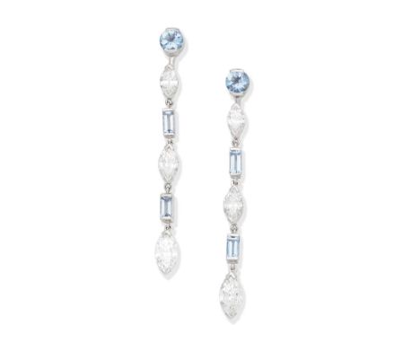 AQUAMARINE AND DIAMOND EARRINGSEach set with a row of marquise-cut diamonds, interspersed with circular and step-cut aquamari