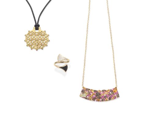 DIAMOND AND GEM-SET NECKLACE; DIAMOND AND ONYX RING; DIAMOND PENDANT NECKLACE1st: The plaque set with vari-cut smoky quartz, 