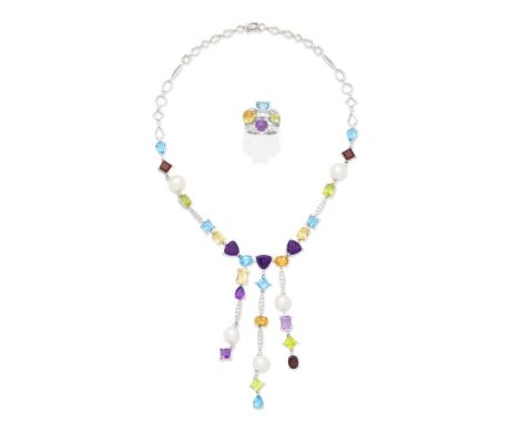 GEM-SET AND DIAMOND NECKLACE AND RING SUITEThe necklace set with vari-cut amethyst, blue topaz, citrine and peridot, 9.5mm cu