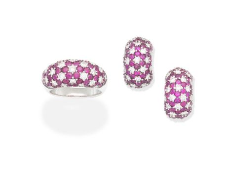 RUBY AND DIAMOND RING AND EARRING SUITEOf bombé design set with circular-cut rubies and brilliant-cut diamonds, the earrings 