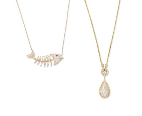 TWO DIAMOND-SET NECKLACES1st: Designed as a fish skeleton, set with brilliant-cut diamonds and a ruby eye, 2nd: The pendant p