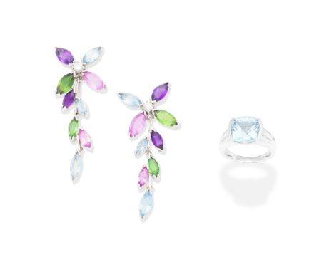 GEM-SET AND DIAMOND EARRINGS; TOPAZ AND DIAMOND RING1st: Each earring set with marquise-cut gemstones, includng amethyst, aqu