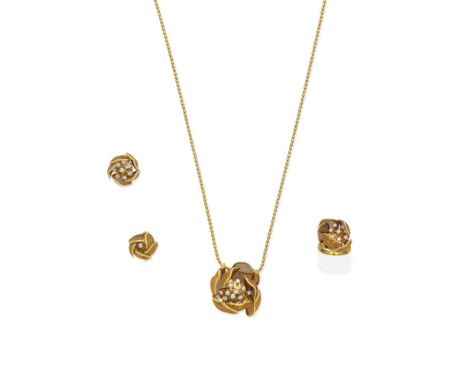 PIAGET: DIAMOND-SET PENDANT/NECKLACE, RING AND EARCLIP SUITE, CIRCA 1960The pendant designed as a flower with articulated mes