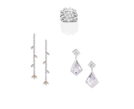 DIAMOND-SET DRESS RING; TWO PAIRS OF GEM-SET PENDENT EARRINGS1st: The ring composed of multiple bands highlighted by brillian