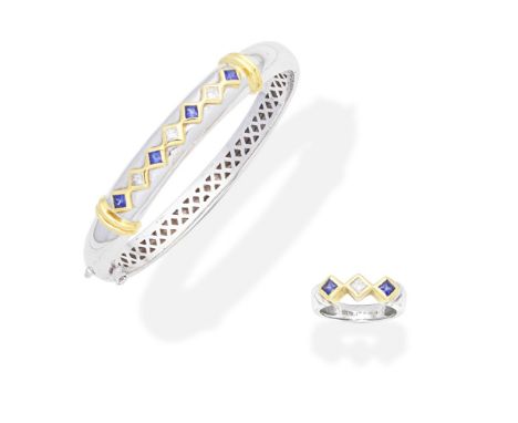 SAPPHIRE AND DIAMOND BANGLE AND RING SUITEThe bicoloured bangle, set with square-cut sapphires and princess-cut diamonds, the