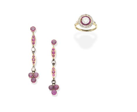 RUBY AND DIAMOND RING AND PENDENT EARRINGS1st: The ring of target design set with old brilliant and rose-cut diamonds, and ca