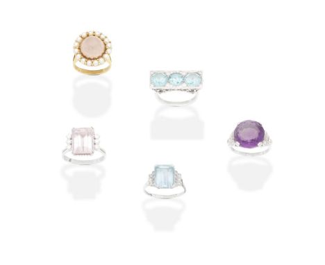 FIVE GEM-SET RINGS1st: The octagonal-cut aquamarine between single-cut diamond shoulders, 2nd: The octagonal-cut morganite be