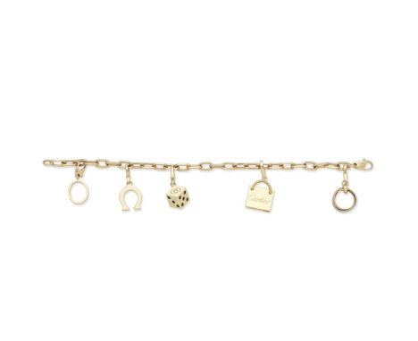 CARTIER: CHARM BRACELETThe trace-link chain suspending five charms, comprising a 'trinity' ring, a shopping bag engraved Cart