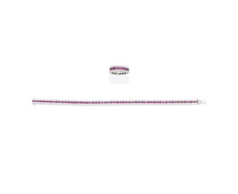 RUBY AND DIAMOND BRACELET AND RINGThe bracelet set with a central row of rectangular step-cut rubies, between rows of brillia