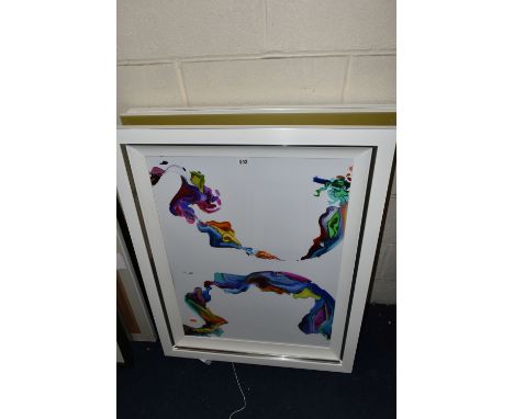 A PAIR OF MODERN EMBELLISHED 'LIQUID ART' COLOUR PRINTS, titled verso 'Meeting of Minds I' and 'Meeting of Minds II', togethe