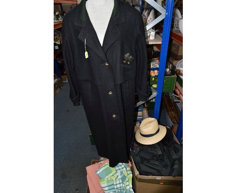 TWO BOXES AND LOOSE CLOTHING AND LINENS, to include an Ursl Trachten German wool coat, approximately 40'' chest, a Jack Murph