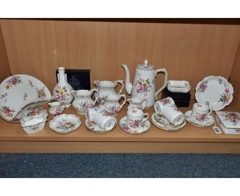 A COLLECTION OF ROYAL CROWN DERBY 'DERBY POSIES' GIFT WARE AND COFFEE SET, comprising a coffee pot, five cream jugs in gradua