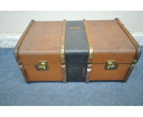 A VINTAGE VANVAS AND WOODEN BANDED TRAVELING TRUNK, with twin leather handles, and a plaque reading S . T . GAIR, width 76cm 