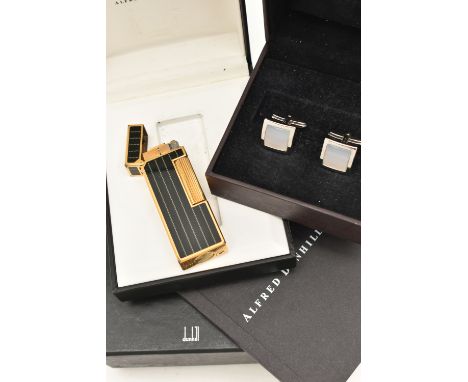 A BOXED 'DUNHILL' LIGHTER AND BOXED CUFFLINKS, gold plated and black enamel lighter, signed to the base 'Dunhill' 15758 Swiss