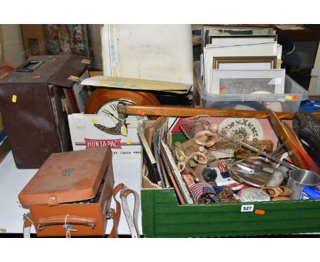 THREE BOXES, A CASE AND LOOSE RECORDS, PICTURES AND SUNDRY ITEMS, to include a vintage cased Avometer 8, a case of opera and 