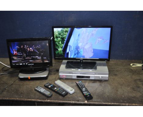 A COLLECTION OF AUDIO VISUAL EQUIPMENT including a Logik 22in TV/DVD with remote, a Humax Freeview box with remote, a Sony VH