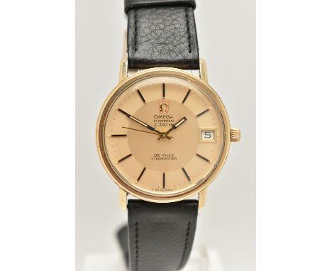 A GENTS 'OMEGA ELECTRONIC' WRISTWATCH, round gold tone dial signed 'Omega Electronic F 300 Hz De Ville Chronometer', baton ma