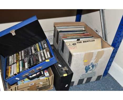 TWO BOXES AND TWO CASES OF LPS, CASSETTES, AND VHS comprising a box of approximately sixty LPs to include The Beatles, Blondi