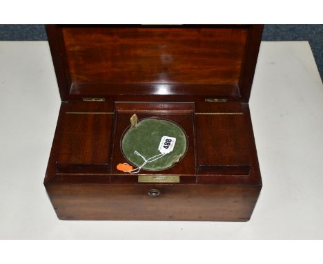 A MAHOGANY TEA CADDY, the interior has two removable sections with hinged lids, a central section where mixing bowl would be 
