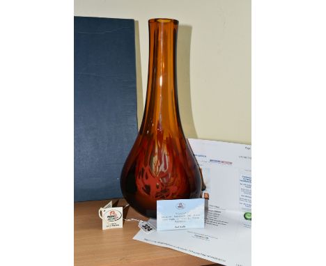 PAVEL HAVELKA FOR PRINC GLASS 'SIZZLE' ART GLASS VASE, made in 2010 in the Czech Republic, the amber vase of bottle form, cut