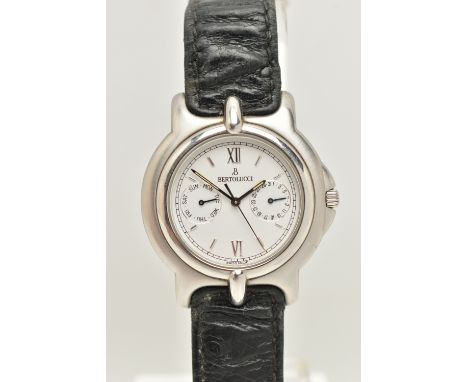 A 'BERTOLUCCI PULCHRA' WRISTWATCH, the white dial, with silver coloured hourly applied markers, subsidiary dials at three and